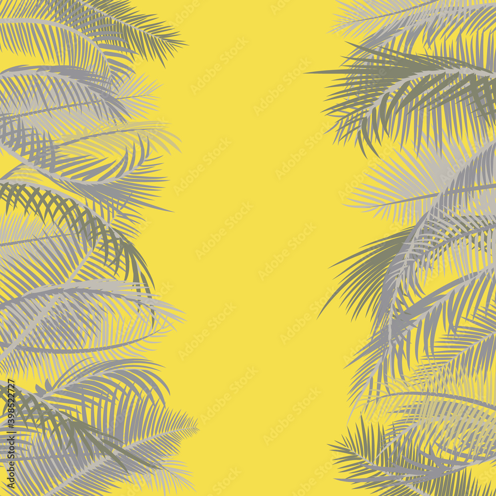 Frame from branches of palm tree in yellow and gray. Color trends 2021 Ultimate gray and Illuminating Yellow. Palm leaves on a yellow sunny background. Vector illustration. Border with place for text
