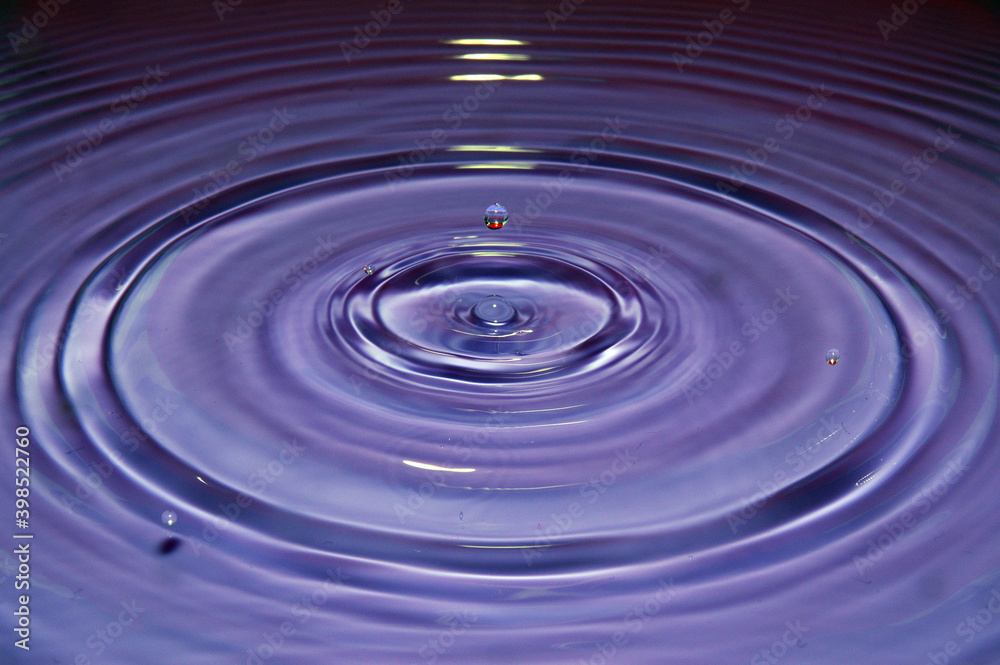 Water droplet impact ripples with concentric rings and drops orbiting center Water droplet impact ripples with concentric rings and drops orbiting center