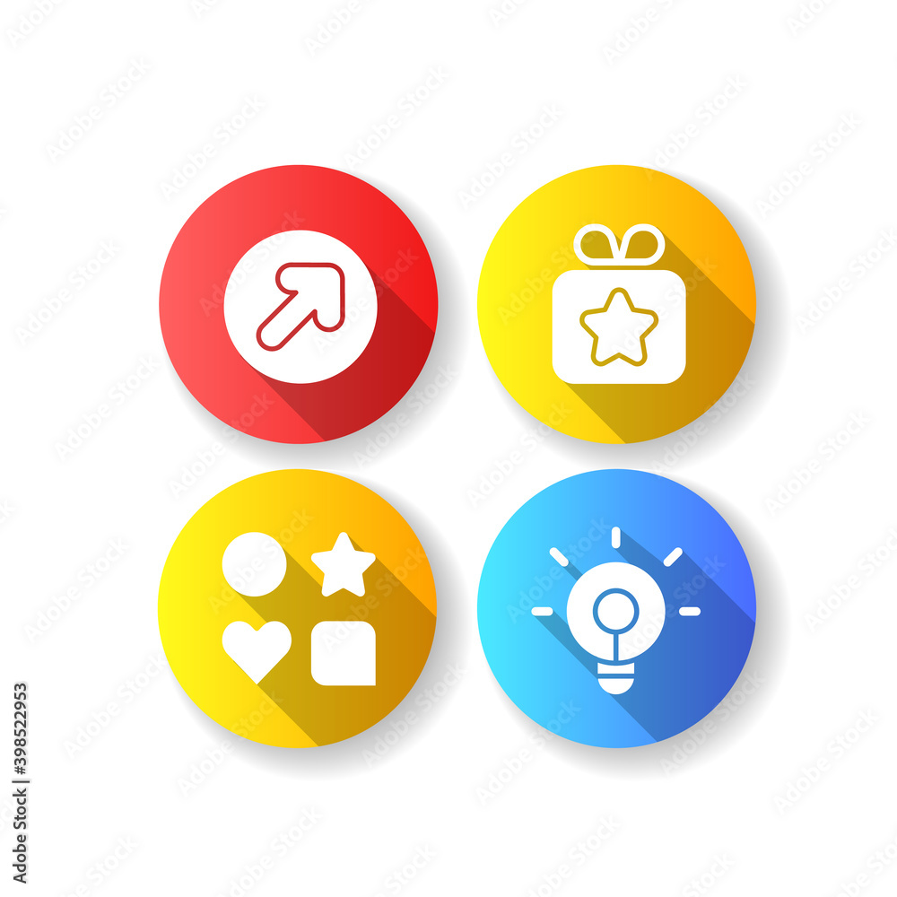 Interface creation process flat design long shadow glyph icons set. Print different text documents using digital devices. Editing of data. Silhouette RGB color illustration