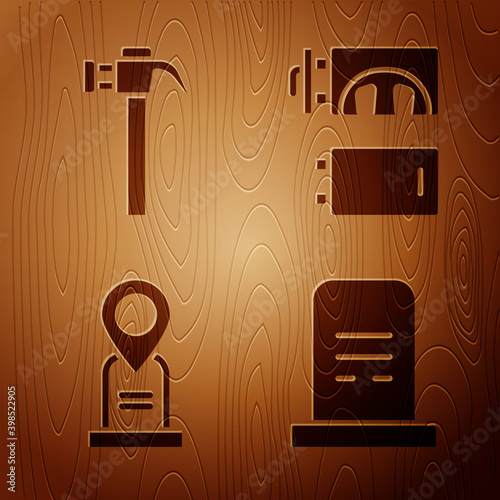 Set Grave with tombstone, Hammer, Location grave and Crematorium on wooden background. Vector.