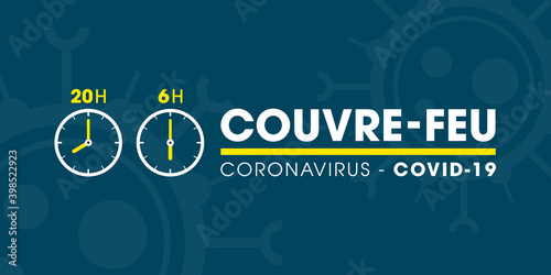 Couvre-feu en France à partir du 15 décembre 2020 - pandémie du coronavirus covid-19 - déplacement interdit de 20h à 6h - icône de pendule - illustration vectorielle