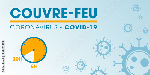 Couvre-feu en France à partir du 15 décembre 2020 - pandémie du coronavirus covid-19 - déplacement interdit de 20h à 6h - icône de pendule - illustration vectorielle