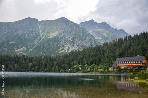 View to Lake Popradske pleso 1494m with mountain hotel in High Tatras, Slovakia. Popular travel and hiking destination 