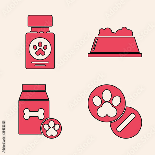 Set Dog and pills, Dog medicine bottle and pills, Pet food bowl and Bag of food for pet icon. Vector