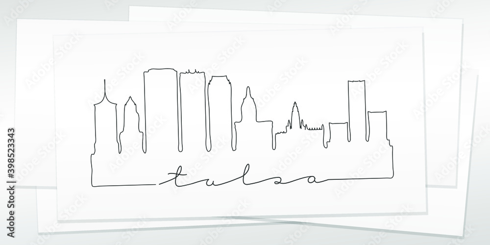 Tulsa, OK, USA Doodle Skyline Hand Drawn. City One Line Art Illustration Landmark. Minimalistic Sketch Pen Background.