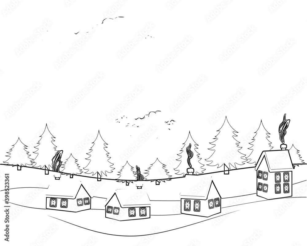 Illustration: Hand drawn landscape with road to house and pine forest. Sketch line design.