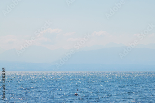 Lac de Genève. Beautiful view of the lake with mountains on the horizon in haze and fog. Mountain landscape in blue tones.Swiss landscape and alps from the side of the city of Rolle, canton Vaud.