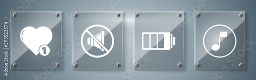 Set Music note, tone, Battery charge level indicator, Speaker mute and Like and heart. Square glass panels. Vector