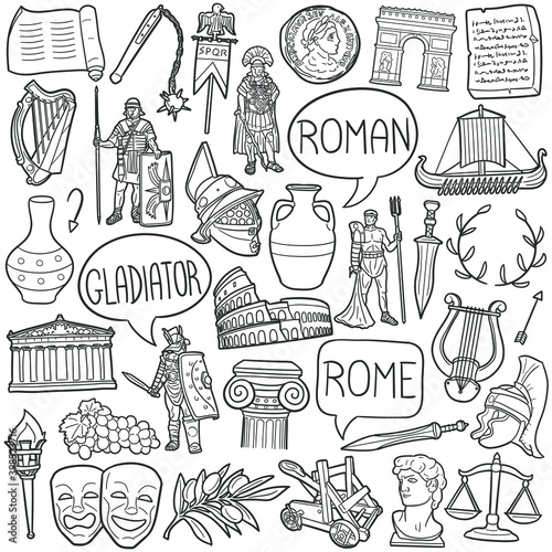 Rome doodle icon set. Roman Vector illustration collection. Ancient Culture Banner Hand drawn Line art style.