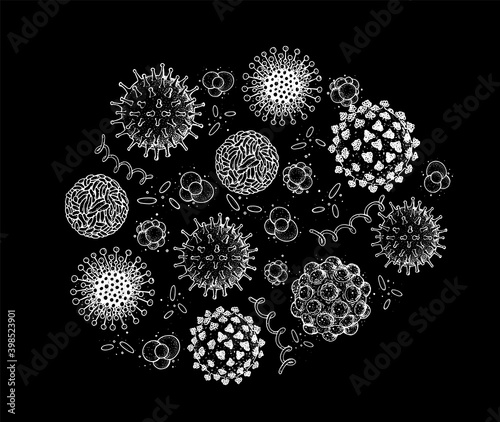 Different kinds of virus, sketch collection. Hand drawn illustration, vintage engraved style. Respiratory virus infection. Corona virus. Coronavirus 2019-nCoV and other viruses. Macro drawing.