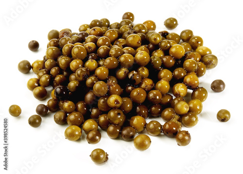 Pickled Green Peppercorns on white Background Isolated