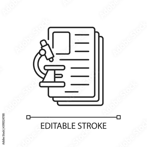 Diagnostic test linear icon. Examining, assessing, diagnosing illnesses, conditions in patients. Thin line customizable illustration. Contour symbol. Vector isolated outline drawing. Editable stroke