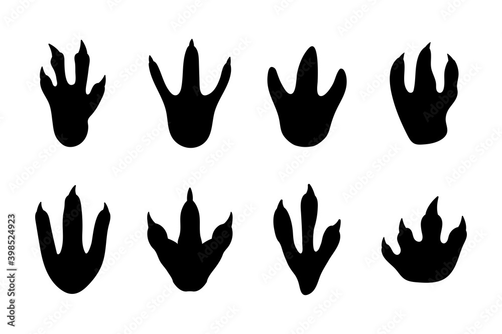 Dinosaur footprints collection. Black silhouette of ancient animal foot. Dinosaur traces. Vector image Dinosaur footprints collection. Black silhouette of ancient animal foot. Dinosaur traces. Vector image