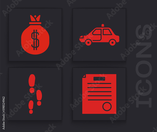 Set The arrest warrant, Money bag, Police car and flasher and Footsteps icon. Vector