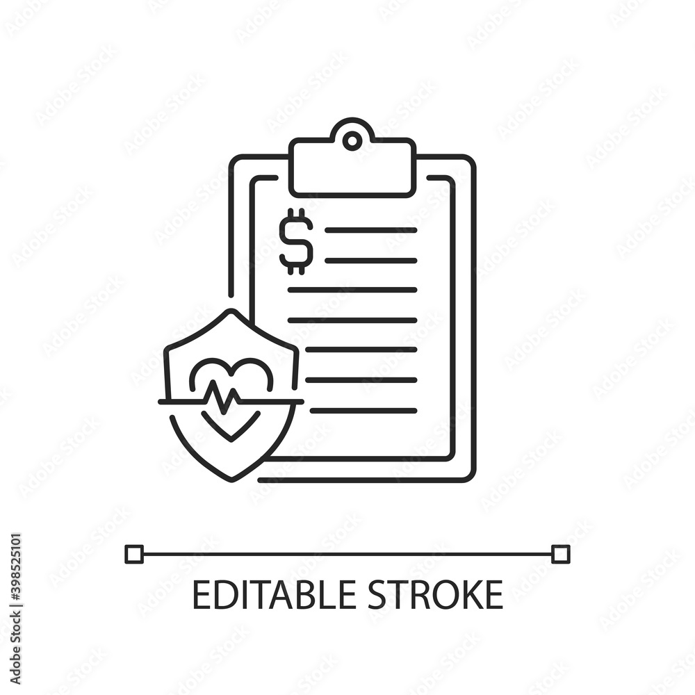 Insurance data linear icon. Health insurance coverage. Paying for expenses, prescription drugs. Thin line customizable illustration. Contour symbol. Vector isolated outline drawing. Editable stroke Insurance data linear icon. Health insurance coverage. Paying for expenses, prescription drugs. Thin line customizable illustration. Contour symbol. Vector isolated outline drawing. Editable stroke