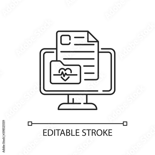 Online medical history linear icon. Virtual storage for health records. Medical chart. Thin line customizable illustration. Contour symbol. Vector isolated outline drawing. Editable stroke