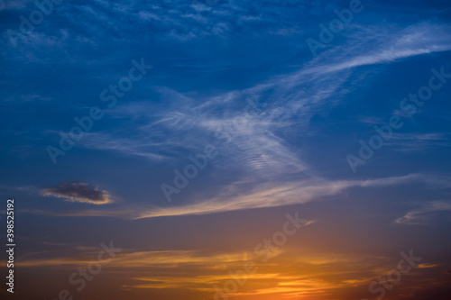 Blue orange sunset with clouds.