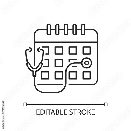 Consultation time linear icon. Primary care doctor visit. Physician workload. Medical advice. Thin line customizable illustration. Contour symbol. Vector isolated outline drawing. Editable stroke