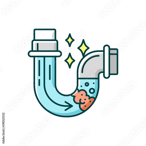 Waste pipes cleaning RGB color icon. Professional plumbing, housekeeping chore. Water pipes maintenance service. Plumber occupation. Isolated vector illustration