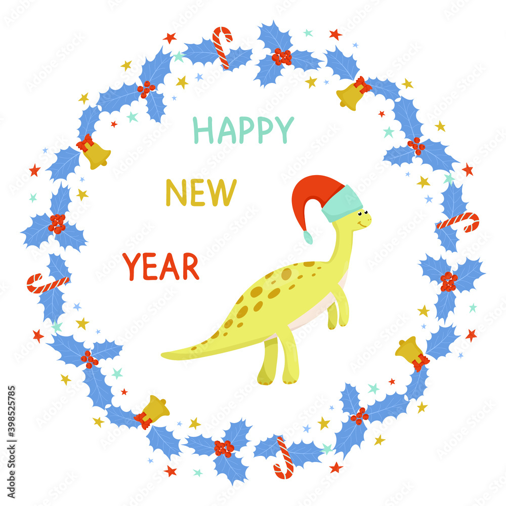 Obraz premium New year card with christmas whreath and cute dinosaur wearing a santa claus hat.