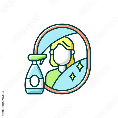 Wiping mirror RGB color icon. Domestic chore, bathroom cleaning. Household hygiene, housekeeping. Washing windows and mirrors. Isolated vector illustration
