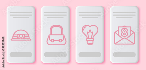 Set line Elegant women hat, Handbag, Heart shape in a light bulb and Envelope with 8 March. White rectangle button. Vector