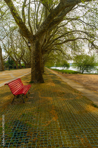 Park bench in river side view in nature landscape, Ponte de Lima, Portugal photo