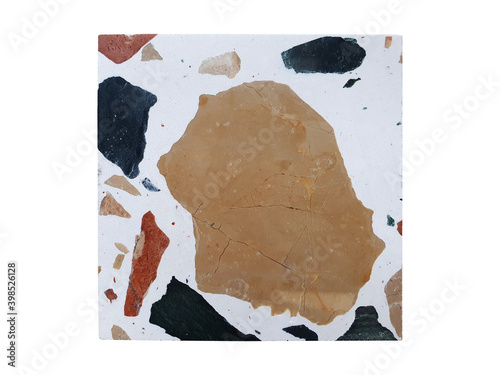 white venetian terrazzo sample in square shape with large black, beige ,red ,brown fragments. interior stone sample isolated on white background with clipping path.