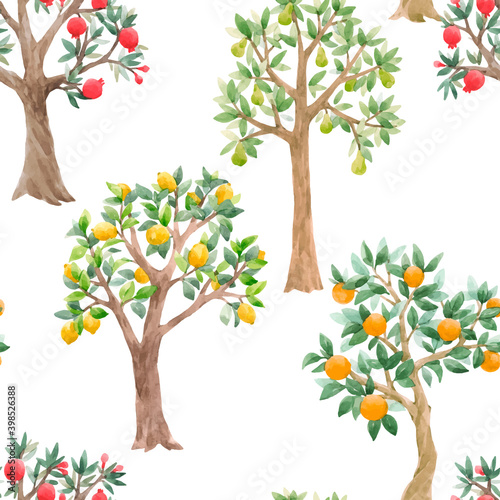 Beautiful vector seamless pattern with cute watercolor fruit trees. Stock orchard illustration.