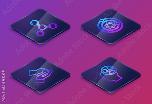 Set Isometric line Molecule, Test tube and flask, Solar system and Head radiation symbol. Blue square button. Vector.