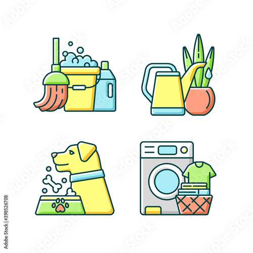 Domestic chores RGB color icons set. Doing laundry, feeding pets, watering plants and mopping floors. Housekeeping. Various housework. Isolated vector illustrations