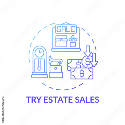 Trying estate sales concept icon. Tag sales idea thin line illustration. Shopping tip. Making money off unwanted possessions. Garage, yard sale items. Vector isolated outline RGB color drawing