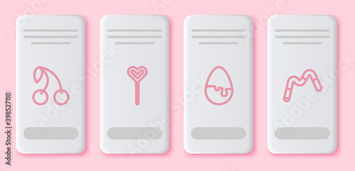 Set line Cherry, Lollipop, Chocolate egg and Jelly worms candy. White rectangle button. Vector.