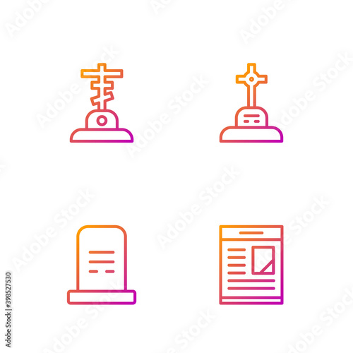 Set line Obituaries, Grave with tombstone, cross and . Gradient color icons. Vector.