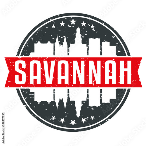 Savannah, GA, USA Round Travel Stamp. Icon Skyline City Design. Seal Tourism Vector Badge Illustration.