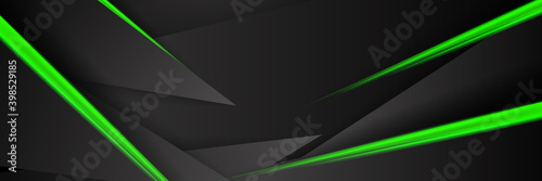 Black abstract corporate graphic design with green glowing light. Technology concept background. Vector illustration