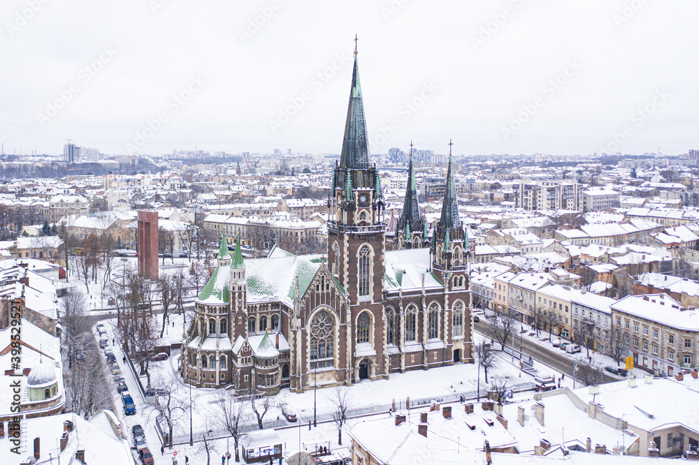 Obraz premium Aerial veiw on Elizabeth church in Lviv, Ukraine from drone