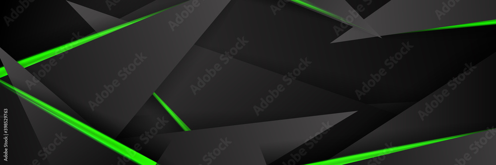 Background of empty scene with black concrete floor, neon lights and triangle. Background trend color ufo green