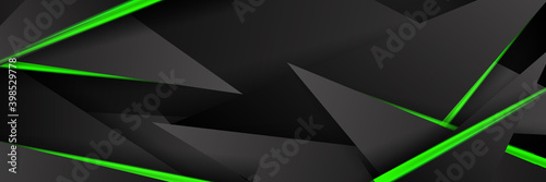 Modern abstract futuristic hexagon carbon fiber and glowing light green luminous lines in black dark room technology background