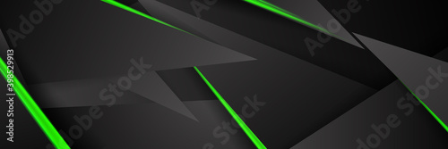 Futuristic green and black abstract gaming banner design with metal technology concept. Vector illustration for business corporate promotion, game header social media, live streaming background