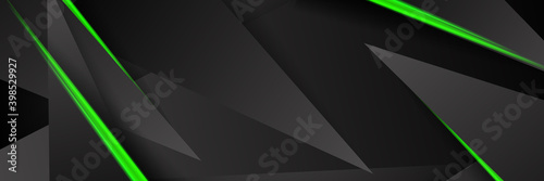 Futuristic green and black abstract gaming banner design with metal technology concept. Vector illustration for business corporate promotion, game header social media, live streaming background