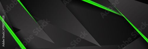 Futuristic green and black abstract gaming banner design with metal technology concept. Vector illustration for business corporate promotion, game header social media, live streaming background