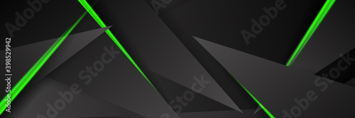 Futuristic green and black abstract gaming banner design with metal technology concept. Vector illustration for business corporate promotion, game header social media, live streaming background