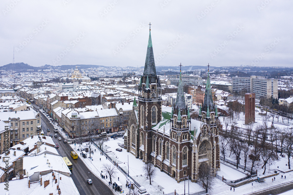 Fototapeta premium Aerial veiw on Elizabeth church in Lviv, Ukraine from drone
