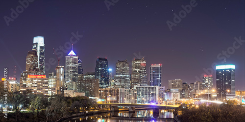 The Philadelphia skyline at night as seen from the Spring Garden street bridge