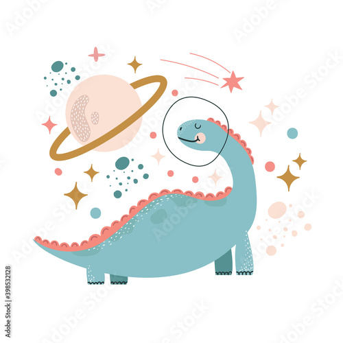 Cute little Space dino with planet, stars and comets around. Astronaut dinosaur. Can be used for cards, kids, baby fashion, textile, fabrics, posters, t-shirts. Isolated design elements.