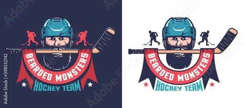 Retro hockey emblem. Hockey team mascot - bearded player in helmet with stick. Vector illustration.