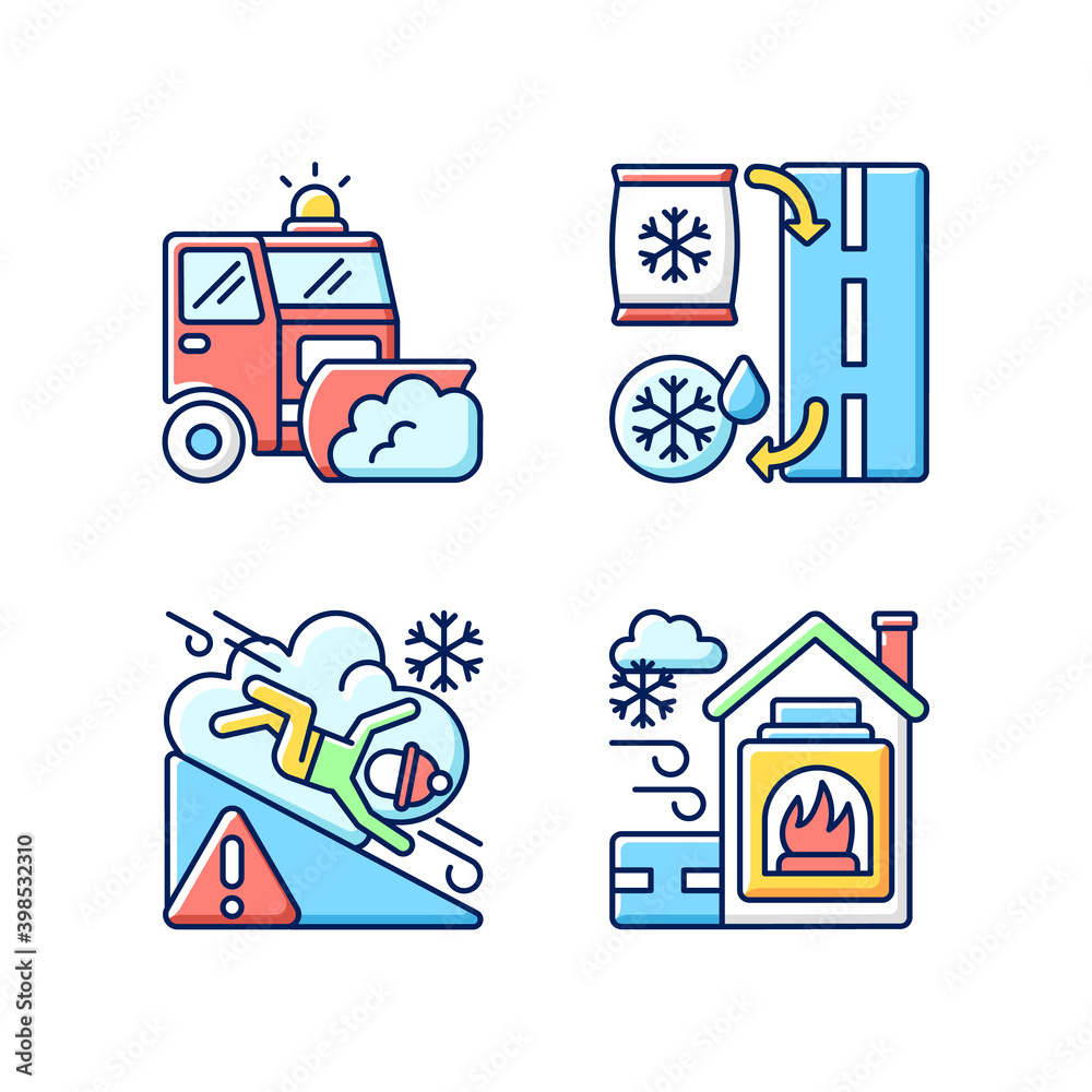 Ice clearing services RGB color icons set. Clearing roads from ice. Avalanche warning sign near mountains. Warming center for people. Isolated vector illustrations