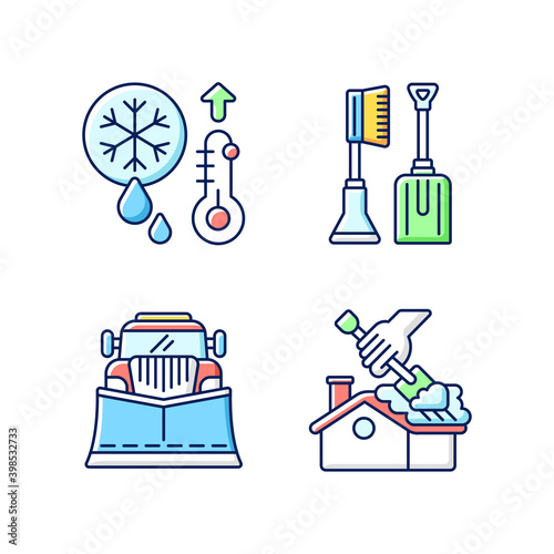 Winter cleaning service RGB color icons set. High temperature snow melting. Snowy weather automobile helping tools. Roof ice removal. Isolated vector illustrations