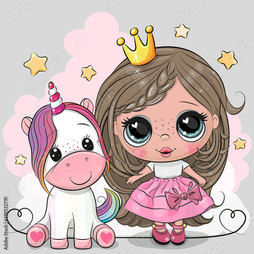Cute Cartoon fairy tale Princess and Unicorn